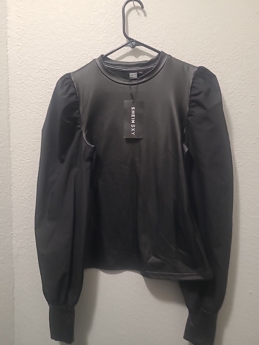 SHEIN Black Long Sleeve PU-Front Puff Sleeve Shirt